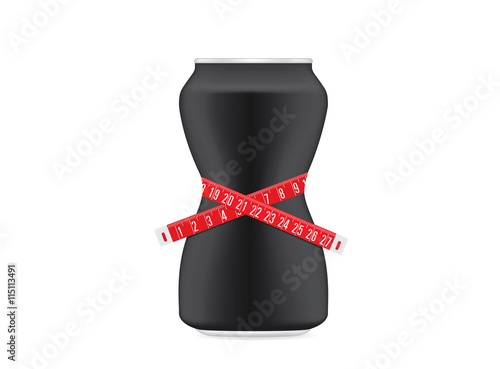 Drink can black color have a curve shape like a shapely body of woman. Beverage can have measuring tape around. This illustration about slimming drink concept.