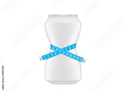 Drink can white color have a curve shape like a shapely body of woman. Beverage can have measuring tape around. This illustration about slimming drink concept.