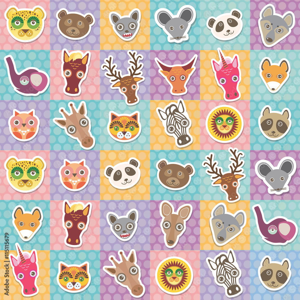 Fototapeta premium Set of funny animals muzzle seamless pattern with pink lilac blue orange square. Vector