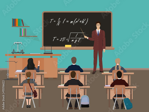 School lesson. Little kids pupil students with teacher. Classroom with blackboard. Pupils tables and chairs.