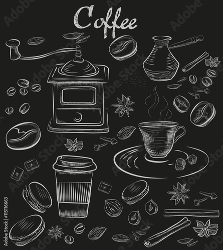 Hand-drawn chalk blackboard decorative coffee collection. Vintage coffee set.