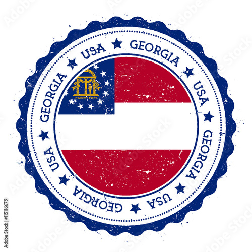 Georgia flag badge. Grunge rubber stamp with Georgia flag. Vintage travel stamp with circular text, stars and USA state flag inside it. Vector illustration.