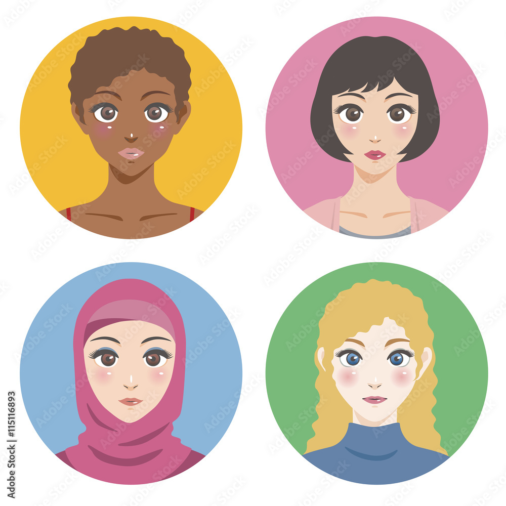 various races women avatar icon set, face as seen from the front, vector illustration various races women avatar icon set, face as seen from the front, vector illustration