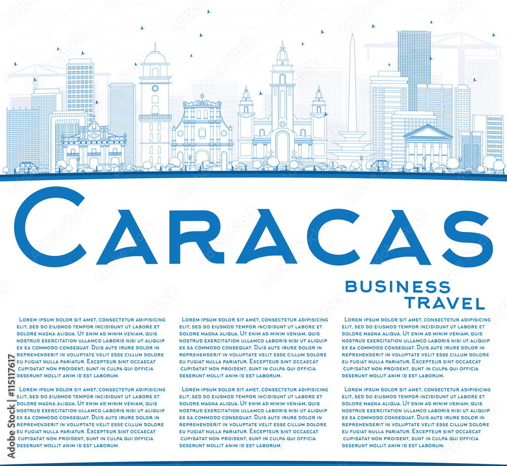 Outline Caracas Skyline with Blue Buildings and Copy Space.