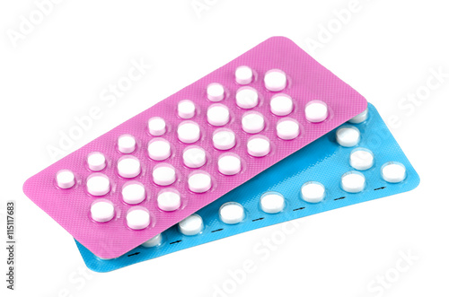 Oral contraceptive pill strips isolated on white background.