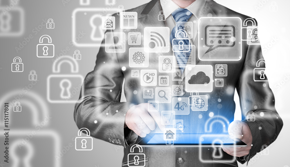 Business man using tablet PC with social media icon set Business man using tablet PC with social media icon set