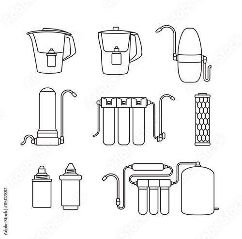 Water filter icons. Linear style.
