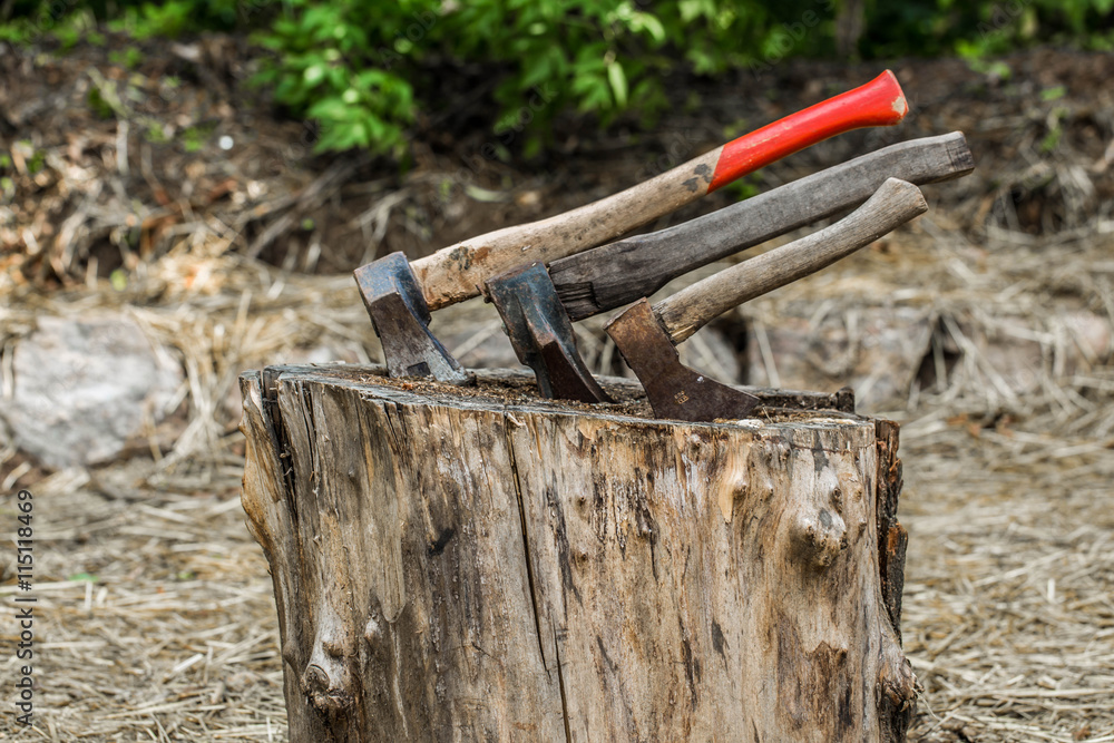 old axe stuck in a stump, on background of straw old axe stuck in a stump, on background of straw