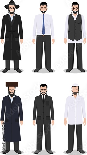 Set of different standing jewish men in the traditional clothing isolated on white background in flat style. Differences jewish people in the traditional dress. Vector illustration.