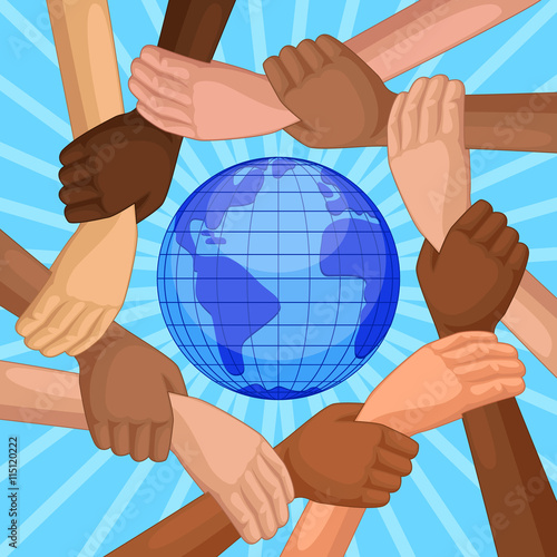 People of different races holding hands around the planet Earth. top view of hands of different skin colors. Concept international Happy Friendship day. Vector illustration