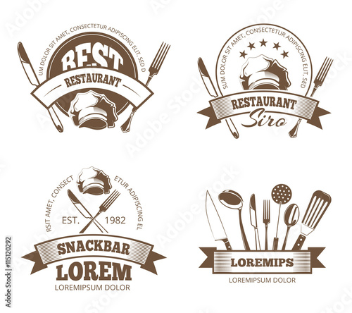 Vector restaurant labels, emblems, badges, logos for menu design. Emblem for restaurant or snackbar, logo and sticker for menu restaurant illustration