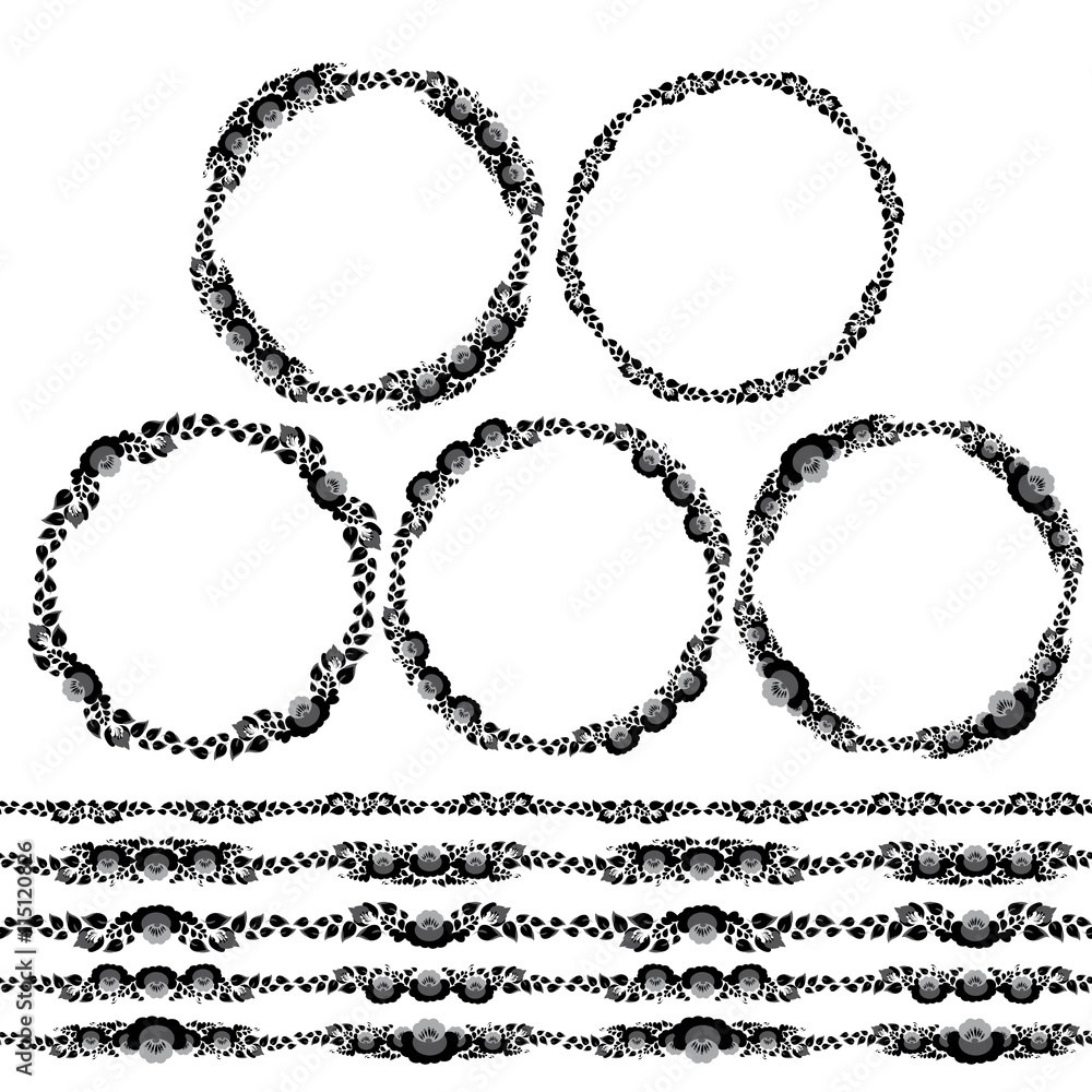 Fototapeta premium Vintage floral elements, black on white background. template for your design. Used pattern brushes included. Seamless pattern for frames and borders. Vector