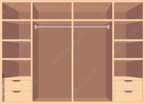 Flat Design walk in closet with shelves.