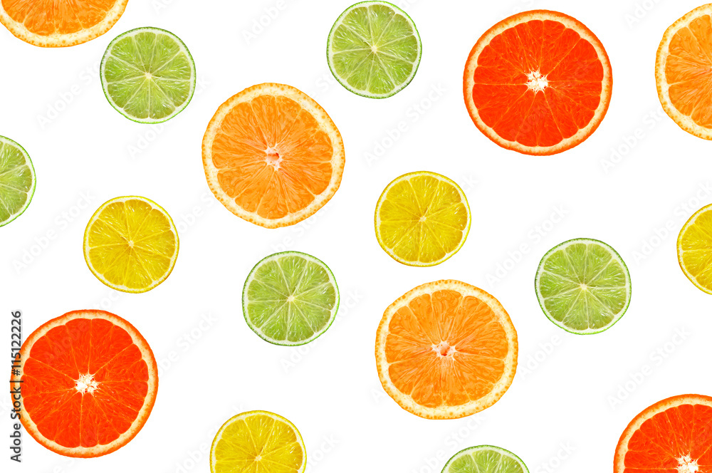 Obraz premium Slices of Orange, Lemon, Lime and Grapefruit isolated on white.