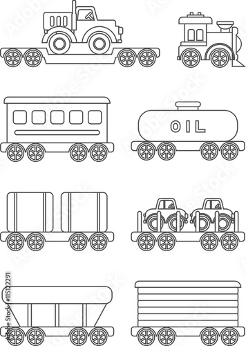 Coloring pages. Set of different silhouettes children toys railway transportation flat linear vector icons isolated on white background. Vector illustration.