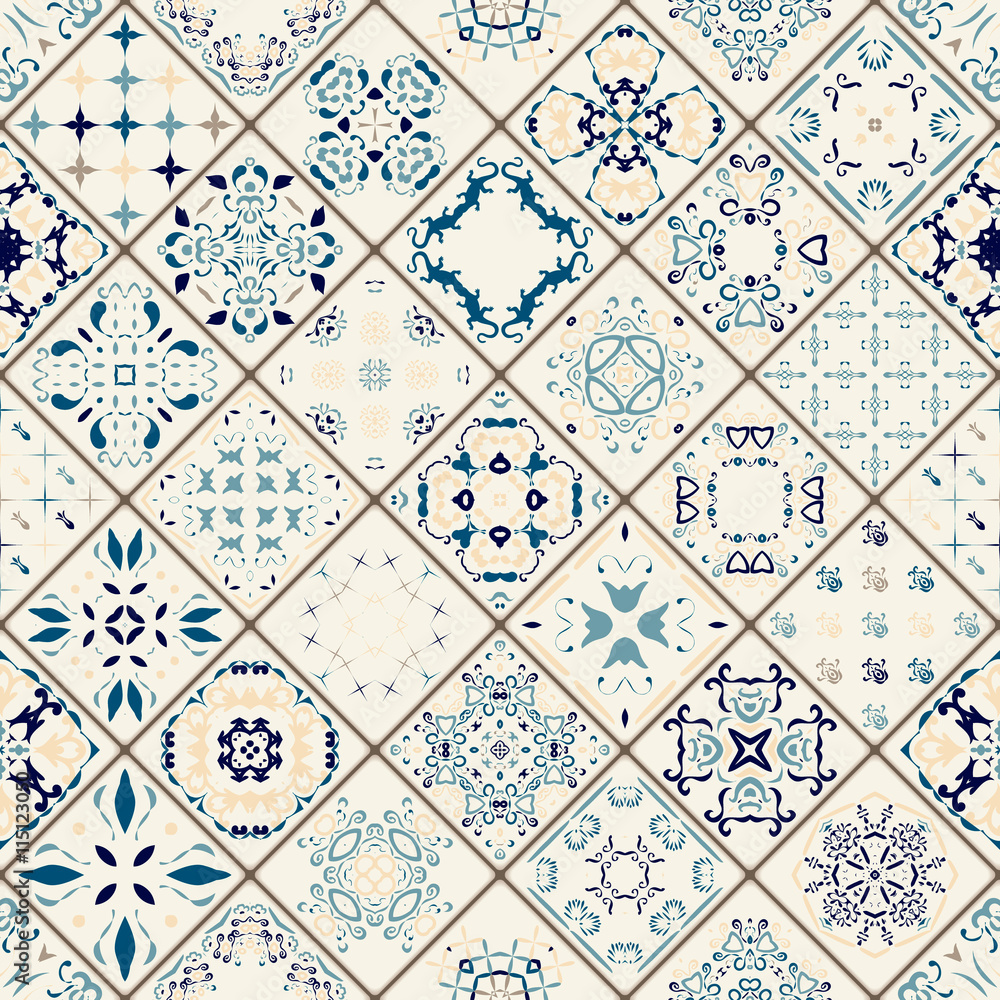 Mega Gorgeous seamless patchwork pattern from colorful Moroccan tiles, ornaments. Can be used for wallpaper, fills, web page background,surface textures. Gold and red color. Christmas style. - obrazy, fototapety, plakaty 