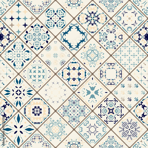 Mega Gorgeous seamless patchwork pattern from colorful Moroccan tiles, ornaments. Can be used for wallpaper, fills, web page background,surface textures. Gold and red color. Christmas style.