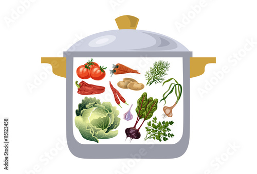 casserole with vegetables, ingredients for preparation of borscht. Vector illustration