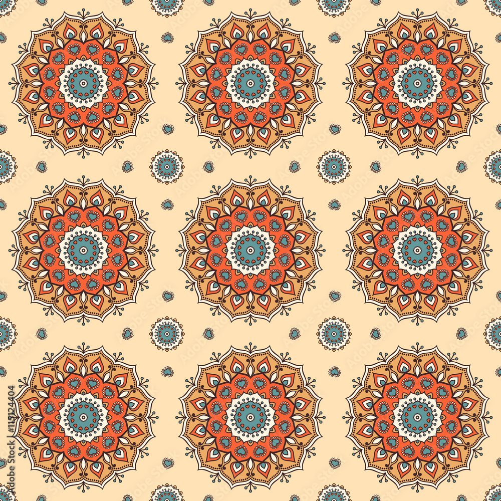 Seamless hand drawn mandala pattern for printing on fabric or paper. Vintage decorative elements in oriental style. Islam, Arabic, indian, turkish,ottoman motifs.  Vector illustration.
