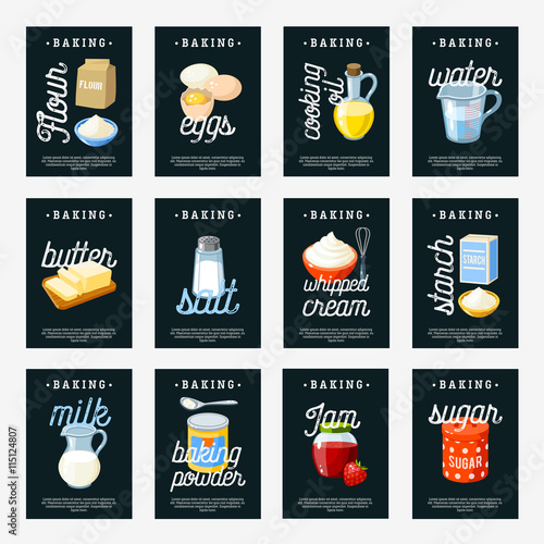 Set of baking ingredients tags - flour/eggs/cooking oil/water/butter/salt/cream/starch/milk/baking powder/jam/sugar. Chalkboard design template labels. Vector illustration, isolated on white.