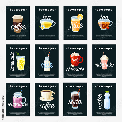 Set of non-alcoholic drinks tags - tea, herbal tea, hot chocolate, latte, coffee, juice, smoothie, soda, milkshake, lemonade, water. Design template labels. Vector illustration, isolated on white.
