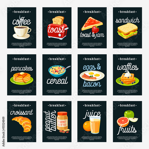 Set of breakfast tags - toaster/coffee pot/jam/peanut butter/fried eggs and bacon/pancakes/waffles/cornflakes/sandwich/bun/croissant/fruits/juice and so. Design template labels. Vector illustration.