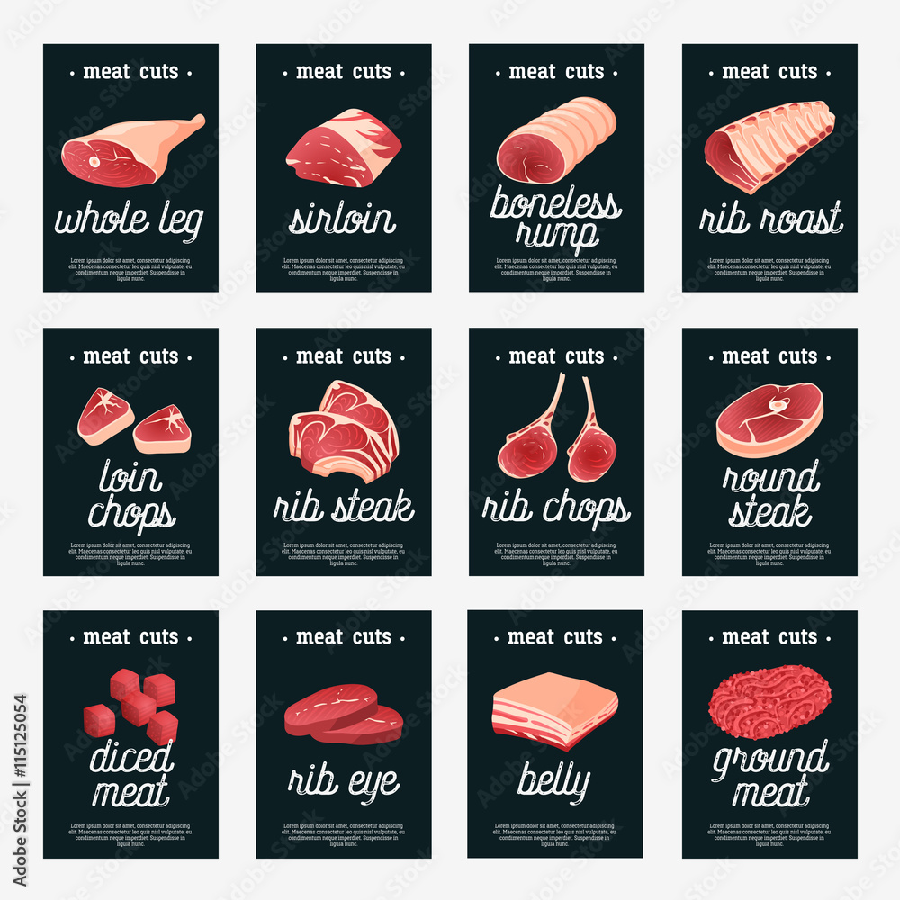 Set of meat cuts assortment tags beef/pork/lamb/round steak/boneless rump/whole leg/rib roast