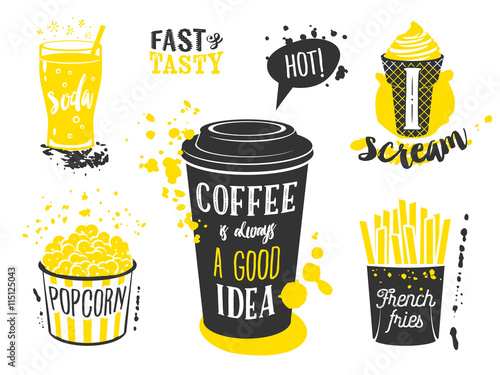 Coffee cup, glass of soda, ice cream cone, french fries and popcorn silhouettes with lettering and blots and stains. Vector illustration isolated on white, eps10.