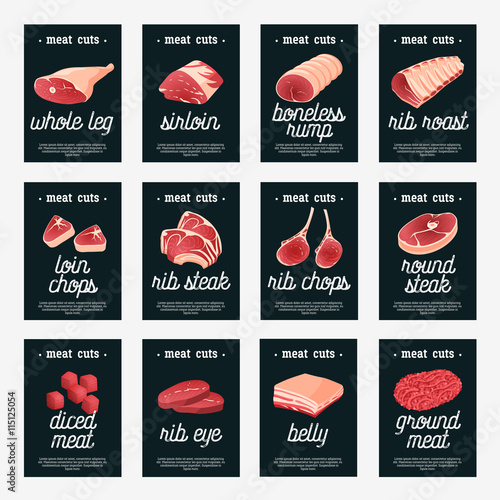 Set of meat cuts assortment tags - beef/pork/lamb/round steak/boneless rump/whole leg/rib roast/loin and rib chops/rustic belly/ground meat/diced meat. Design template labels. Isolated on white.