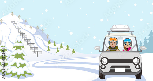 Car Driving to Ski Slope, Young Couple  - Front view