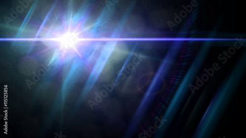 bright white light on black background with blue lens flare and bokeh effect