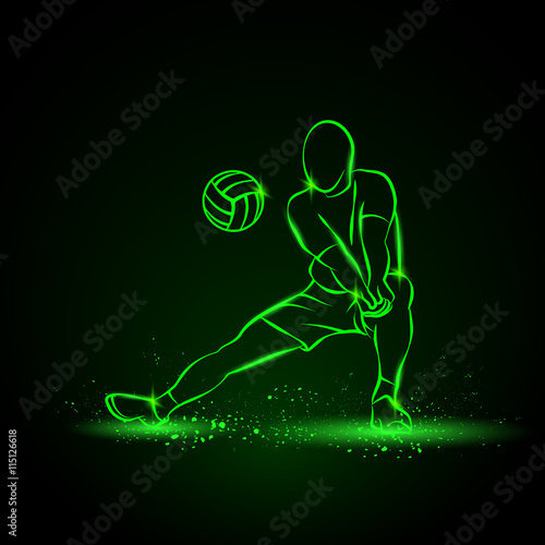 Volleyball player plays volleyball. Vector neon illustration on a black background.