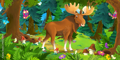 Cartoon scene with happy moose standing in the forest - illustration for children