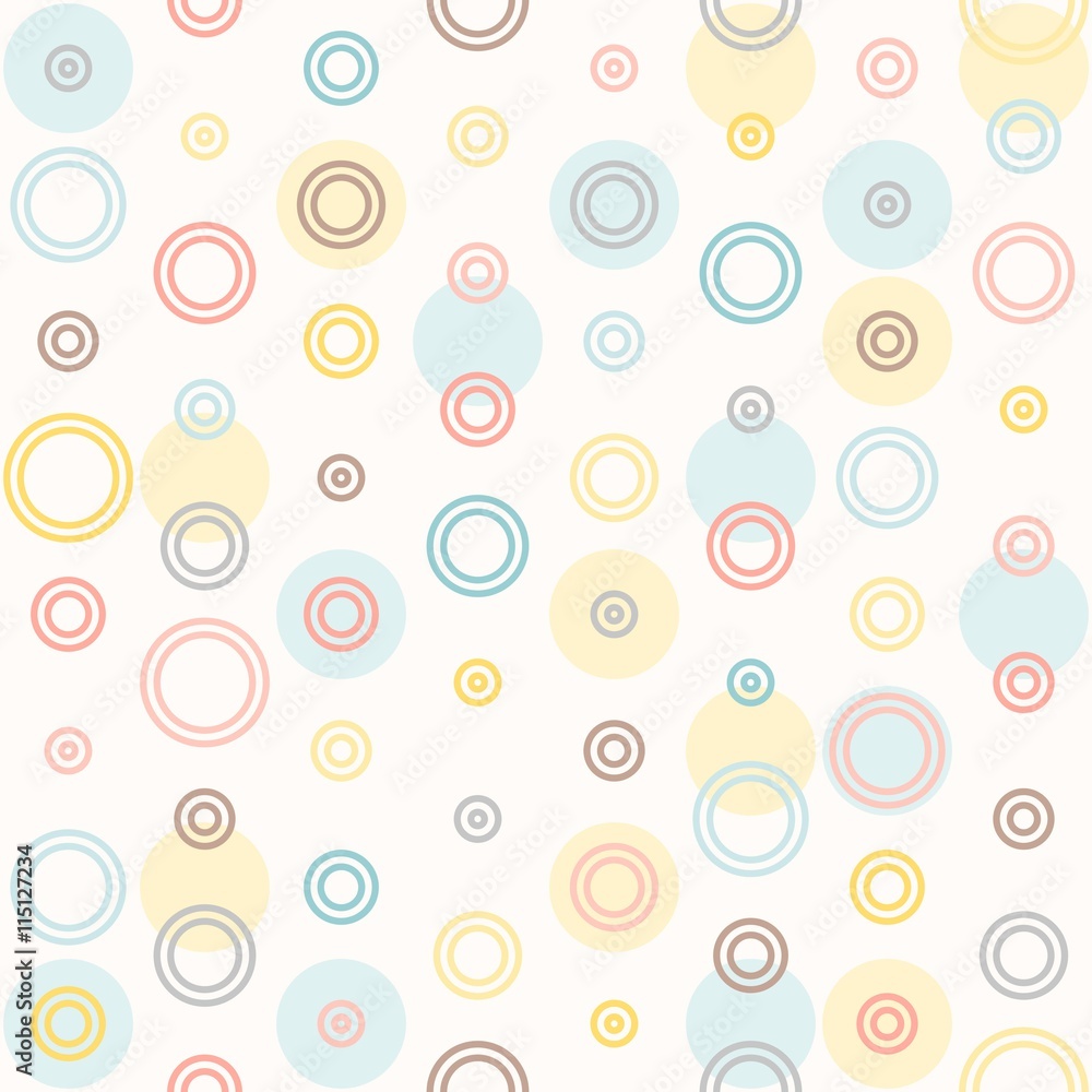 Seamless colourful polka dot pattern and colourful circle line pattern on white background, suitable for wrapping paper pattern