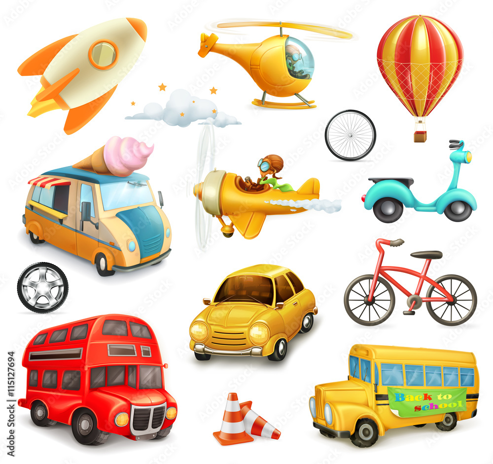 Funny cartoon transportation, cars and airplanes set of vector icons ...