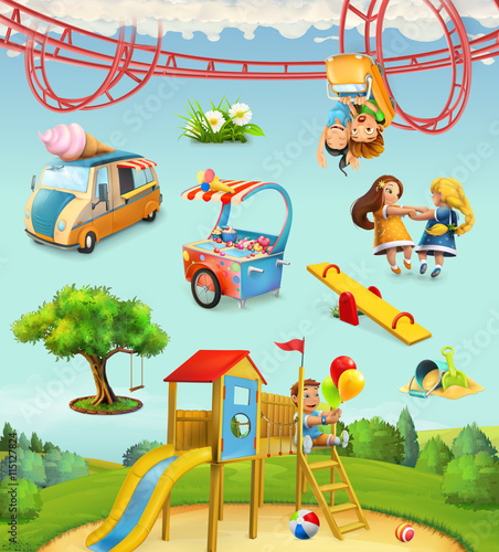 Children playground, outdoor games in the park, characters and objects set of vector icons