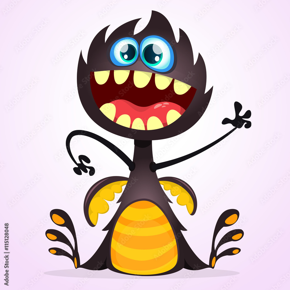 Vector cartoon dragon monster with tiny wings. Black dragon character  waving his hand. Furry black dragon illustration. Black monster with big  mouth and teeth icon. Black dragon cartoon character Stock Vector |