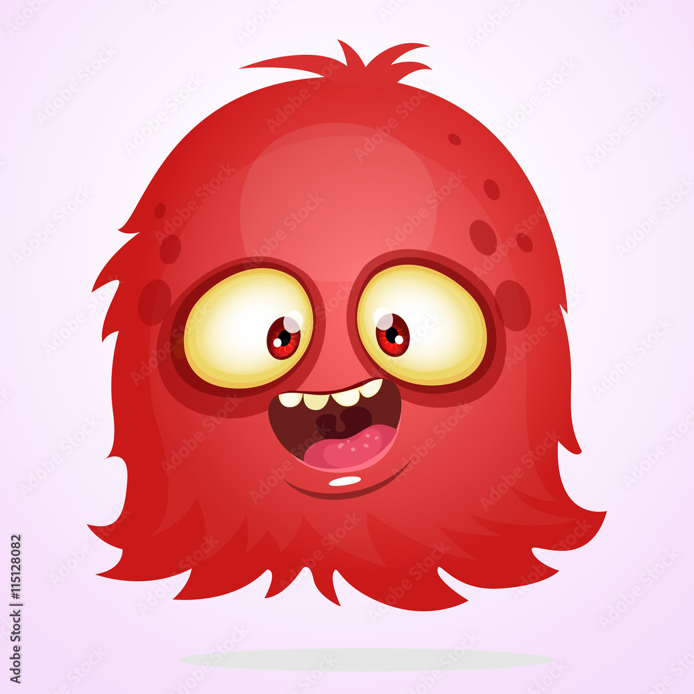 Vector cartoon Halloween monster. Red furry flying monster with big eyes.  Red hairy monster vector icon. Red fluffy funny ghost game character. Cute  red yeti character with gradients isolated on white Stock