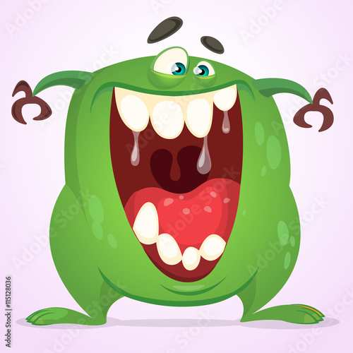 Green slimy monster with big teeth and mouth opened wide. Halloween vector monster character. Cartoon alien mascot isolated on white