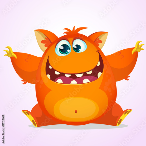 Vector cartoon of an orange fat and fluffy Halloween monster. Cute monster with big ears smiling and waving. Monster logo or icon. Illustration of a silly cartoon monster with a big smile wants a hug