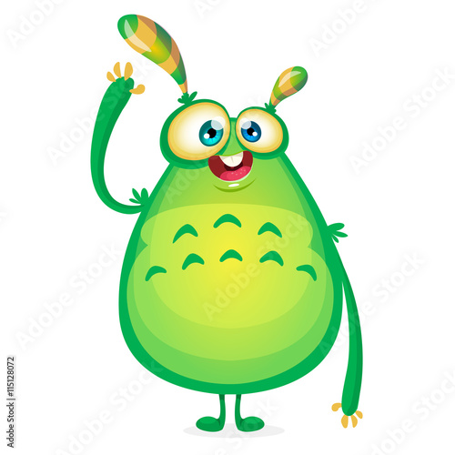 Vector cartoon alien says Hallo. Green slimy alien monster with tentacles. Happy Halloween green monster waving. Monster character icon or logo great for animation. Fat green and yellow monster.