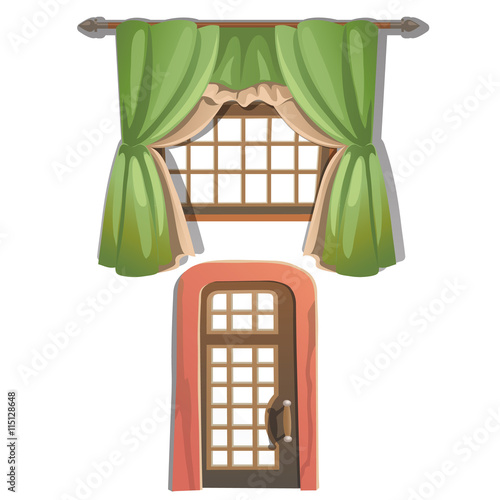 Window with green curtains and door