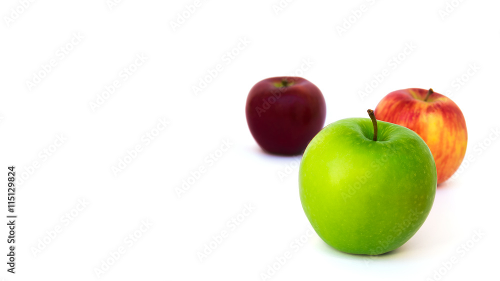 Three Different Color Apples (New Zealand Eve, Granny Smith, Ambrosia) Isolate on White Background with Copy Space, Selective Focus