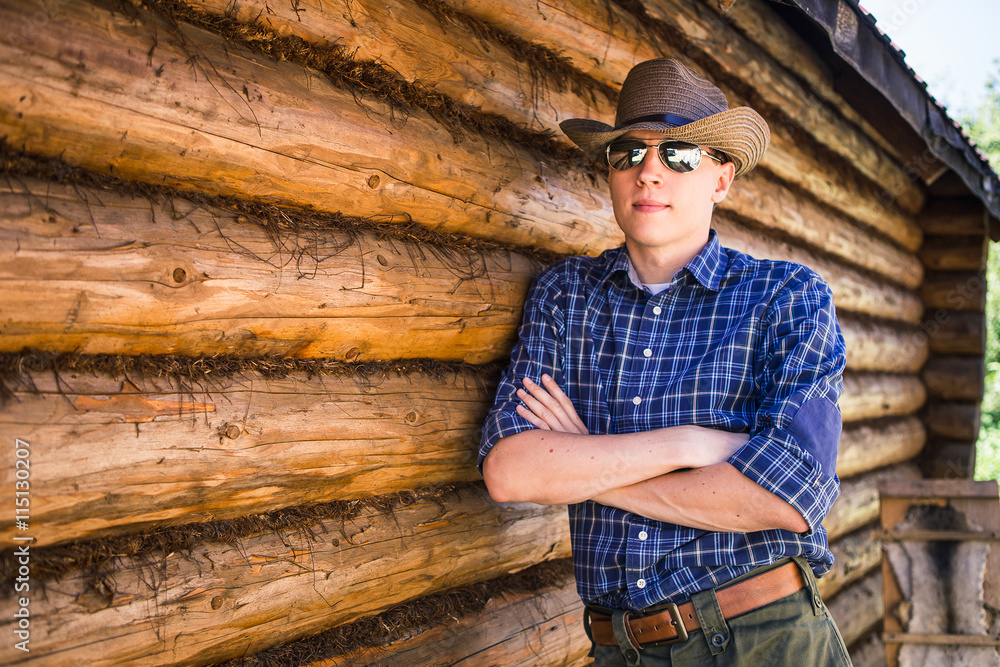 American farmer, wooden house, cowboy hat, sunglasses, American farmer, wooden house, cowboy hat, sunglasses,