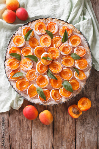 Papier peint apricot tart with powdered sugar and mint close up in dish