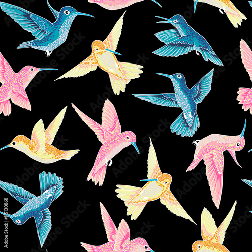 vector seamless flying little birds of paradise conversational pattern multi color, spring summer time, gentle romantic humming-bird, colibri background allover print design