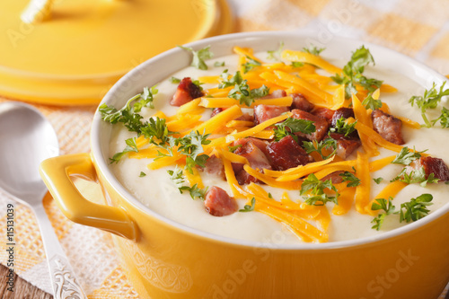 Cream potato soup with bacon and cheddar cheese close-up. horizontal

