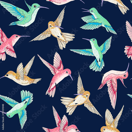 vector seamless flying little birds of paradise conversational pattern multi color, spring summer time, gentle romantic humming-bird, colibri background allover print design