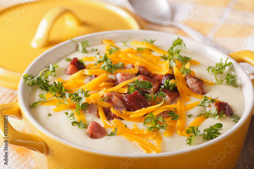 Potato puree soup with bacon and cheddar close-up in a pan. horizontal
