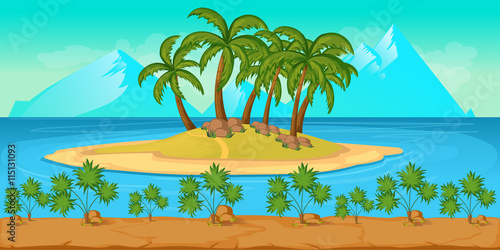 Tropical Beach Landscape For UI Game 
Illustration of a cartoon summer ocean background